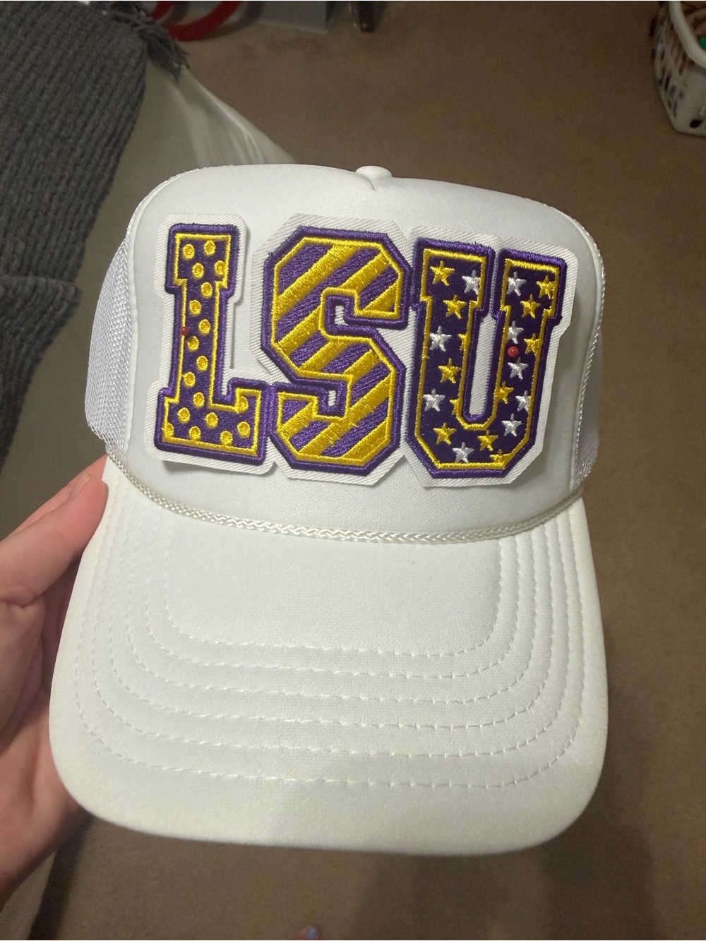 OTTO White Trucker Hat with Purple and Yellow LSU Patch